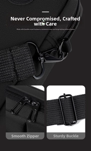 Detail of durable matte black hardware including dual zippers and adjustable strap buckle