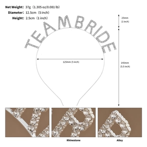 Detail view of Team Bride rhinestone headband with precise size measurements