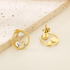 Elegant gold titanium steel hollow circular stud earrings with three inlaid zircons