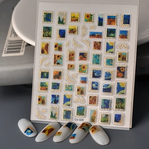 5D embossed Van Gogh art nail stickers featuring Starry Night and sunflower gold patterns