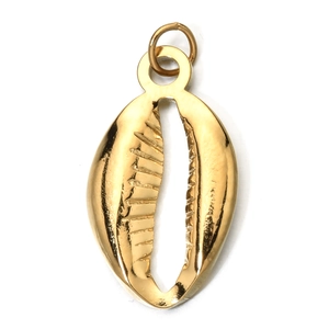 Polished golden stainless steel shell pendant detail with high-gloss finish on white background