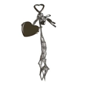 Minimalist silver stainless steel heart keychain with mesh fringe and bow decoration