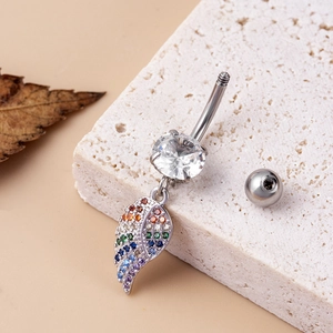 Rainbow butterfly wing belly button ring with pavé cubic zirconia on beige stone base