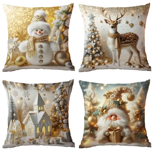 Federa Per Cuscino Natalizio Peluche Corto Decorativo Oro Pupazzo Di Neve Renna Chiesa Festa Divano Arredamento Casa