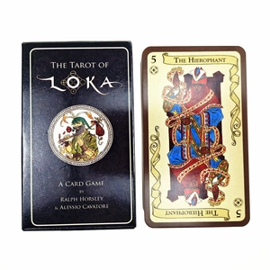 Close-up of The Tarot of Loka game box and The Hierophant card on white background