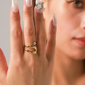 Minimalist geometric two-tone stainless steel open ring worn on a female finger