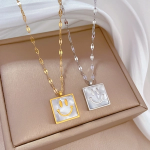 Minimalist square smile face necklaces in gold and silver finish with shell inlay