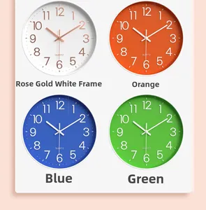 Detail view of modern silent wall clocks in rose gold, orange, blue, and green colors