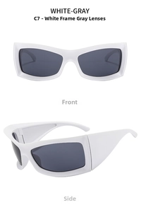 Front and side views of white sporty sunglasses with gray lenses and thick frames