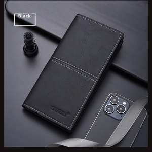 Macro shot of black litchi grain leather wallet with white contrast stitching details