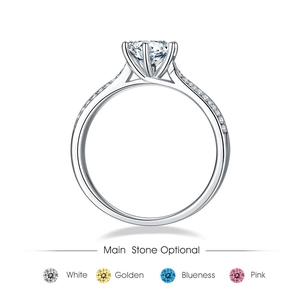Detail view of 1-carat Moissanite ring options in white, golden, blue and pink colors