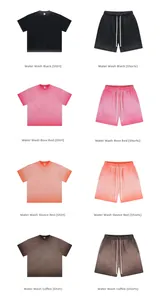 Detail of washed cotton streetwear sets in black, rose, red, and coffee with cream drawstrings
