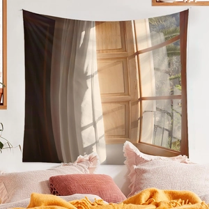 Detailed view of sunlit window scenic tapestry hung as a cozy bedroom wall backdrop