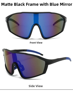 Matte black frame outdoor cycling sunglasses with blue mirrored lens from front and side views