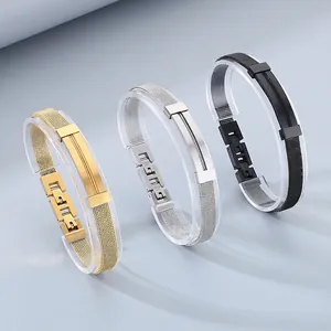 Stainless Steel Mesh Band Bracelet Milanese Loop Wristband With Rectangular Metal Plate Punk Fashion For Men