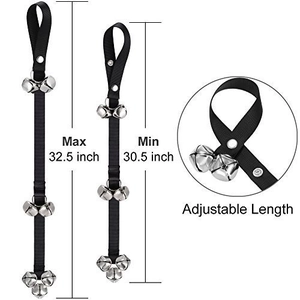Adjustable black woven pet doorbell strap with silver metal bells for dog training