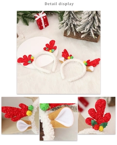Detail display of Christmas reindeer headband with red plush antlers and green pom-poms