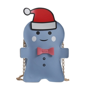 Sac bandoulière bonhomme de pain d'épices bleu avec bonnet de Noël et chaîne dorée