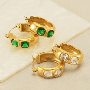 18k gold plated stainless steel chunky hoop earrings with emerald and clear square stones