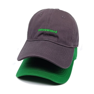 Stacked charcoal and green cotton baseball caps with betweenaod letter embroidery