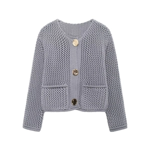 Détail du cardigan gris en maille ajourée avec trois gros boutons dorés et poches frontales