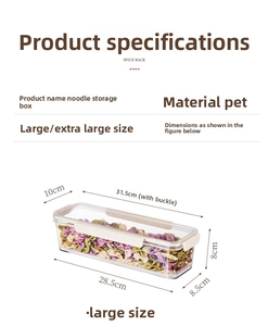 Macro detail of food-grade PET storage box for noodles with airtight lid and dimensions