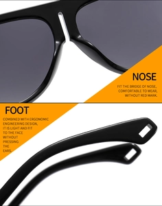 Detail of ergonomic nose pads and hollow rectangular temple tips on black sunglasses