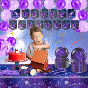 Starry sky themed birthday party set with banner balloons tableware and cosmic tablecloth