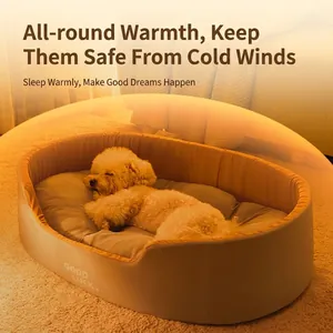 Cama para mascotas de felpa beige con texto Good Luck para perros pequeños y gatos