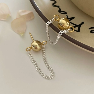 Minimalist S925 silver chain hoop earrings with gold metal beads in elegant styling