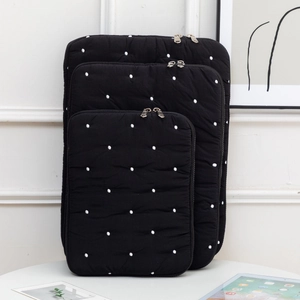 Three-piece quilted laptop sleeve set with white polka dots and gold metal zippers