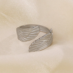 Adjustable stainless steel feather open ring with detailed angel wing texture in silver finish