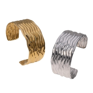 Minimalist 18K gold and silver wavy stainless steel open cuff bracelets with mirror finish