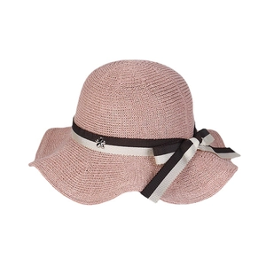 Pink wavy knit sun hat for women with striped bow and elegant silver flower buckle
