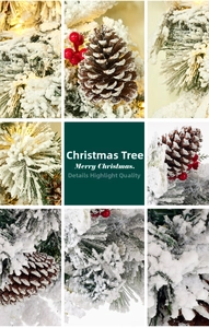 Close-up of Christmas wreath with pine cones, red berries, flocking snow, and LED lights