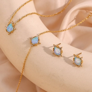 Vintage Stainless Steel Water Drop Artificial Opal Pendant Necklace Earrings Bracelet For Women Gold Plated Rhinestone Jewelry Accessories