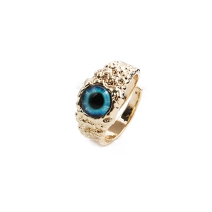 Retro gold hammered ring with blue evil eye centerpiece and adjustable open band design