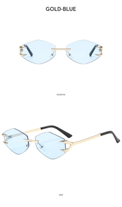 Detail view of gold metal hinges and light blue rimless lenses on diamond sunglasses