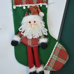 British style plush Christmas stocking with 3D Santa Claus and classic red green plaid trim