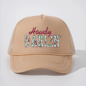 Beige mesh trucker hat featuring red Howdy Darlin' floral text and braided rope detail