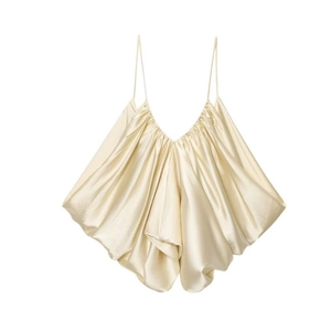 Elegant champagne satin camisole top with pleated ruffles and slender shoulder straps