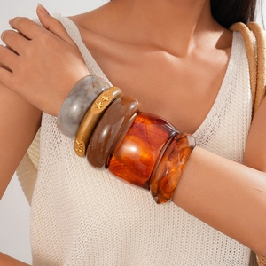 Geometric Acrylic Resin Wood Bangle Bracelet Vintage Marble Smudge Pattern Bohemian Stackable Jewelry Gift For Women