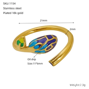 Detailed size parameters of 18K gold plated stainless steel ring with green enamel leaves
