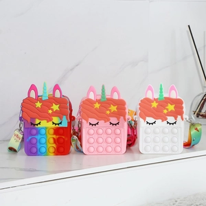 Unicorn pop-it silicone crossbody bags for kids in rainbow, pink and white styles