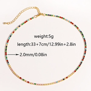 Gold colorful zircon tennis necklace 2.0mm width with 33+7cm adjustable chain length