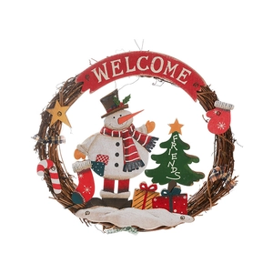 Christmas wreath with snowman and welcome sign on natural rattan ring for home decor