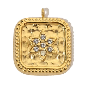 Detailed view of a gold square tree of life pendant featuring a diamond hexagram star motif