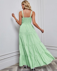 Detail of smocked elastic back and tiered mint green striped dress with spaghetti straps