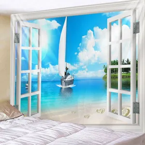 Dettaglio di un arazzo 3D a finestra con vista spiaggia tropicale e barca a vela