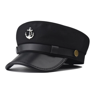 Captain Hat Fiddler Cap Nautical Sailor Flat Top Hats Cotton PU Leather Brim Metal Anchor Retro British Style Women Men